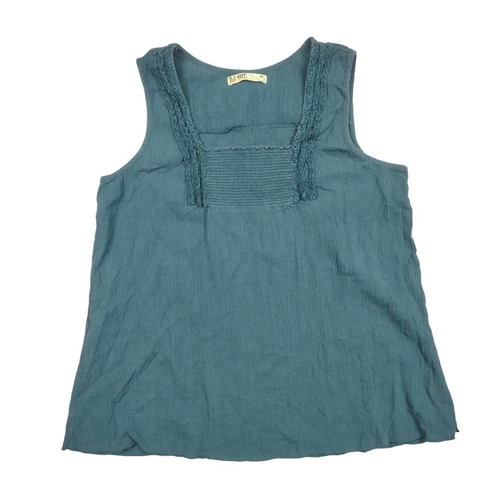 Old Navy Tank Top Women Medium Teal Ruffle Smocked Solid Cotton‎ Gauze